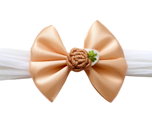Elegant Peach Satin Bow Headband With Embroidery Flower