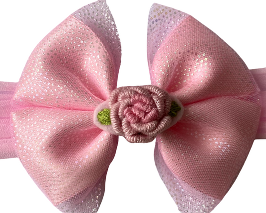 Pink Sparkle Bow Headband with Rose Center