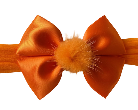 Orange Satin Bow Halloween Headband with Fluffy Pom Pom – Soft & Sweet Baby Girl Accessory