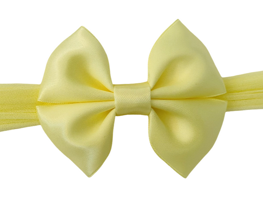Lemon Satin Bow Nylon Headband – Soft & Bright Baby Girl Hair Accessory
