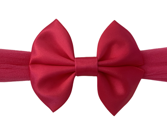 Shocking Pink Satin Bow Nylon Headband – Soft & Elegant Baby Girl Hair Accessory