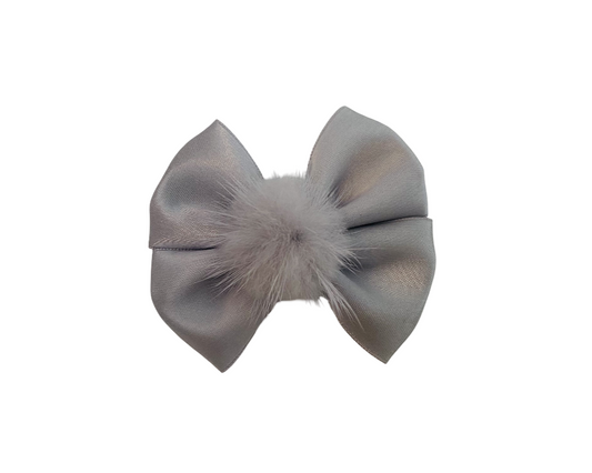 Elegant Satin Bow Pom Pom Hair Clip – Grey 2.5"