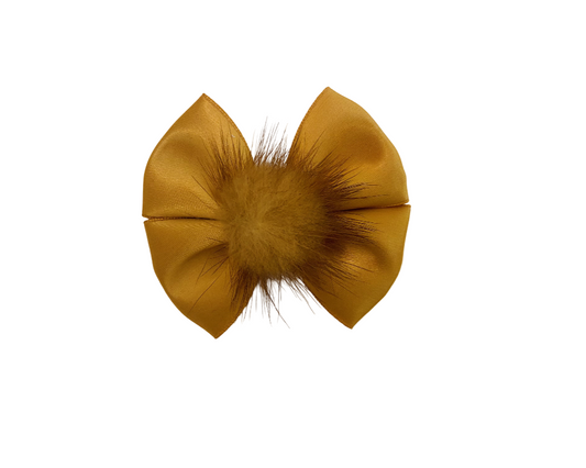 Elegant Satin Bow Pom Pom Hair Clip – Gold 2.5"