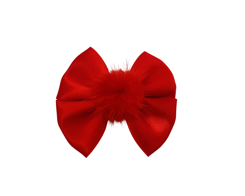 Red bow with feather details on a white background