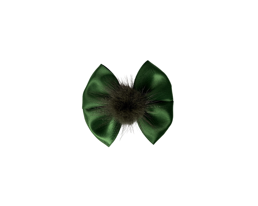 Elegant Satin Bow Pom Pom Hair Clip – Green 2.5"