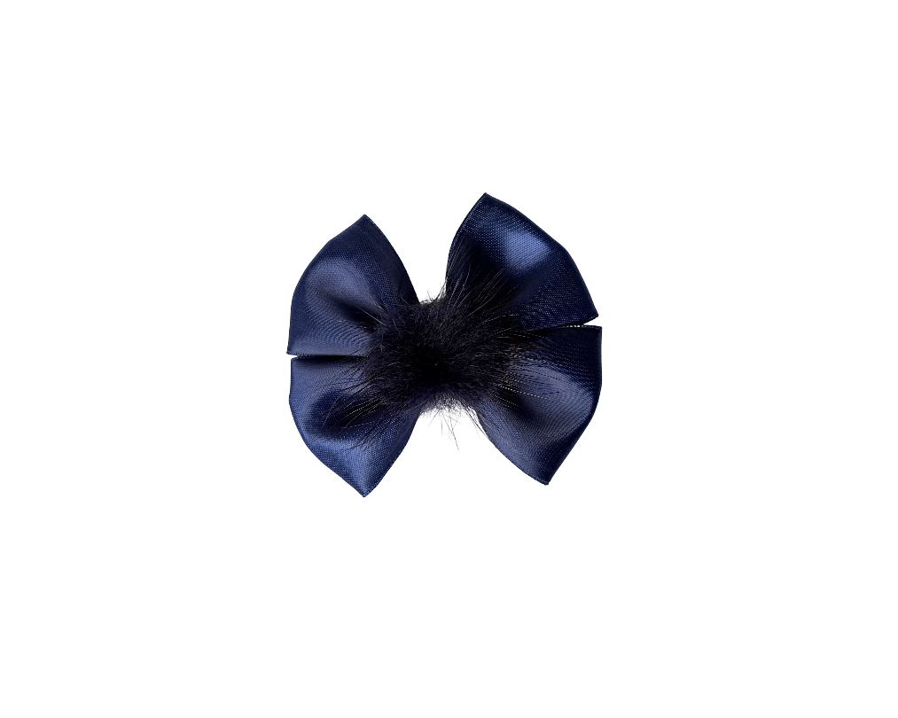Navy blue bow with black feathers on a white background