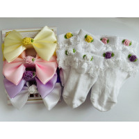 4 Set Matching Bow and Sock with Embroidery Flower
