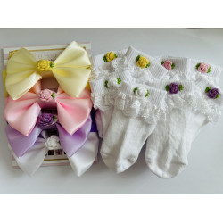 4 Set Matching Bow and Sock with Embroidery Flower