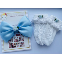 Blue Bow /White Sock with Embroidery Flower Set