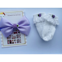 Lilac Bow /White Sock with Embroidery Flower Set