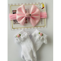 Pink Bow /White Sock with Embroidery Flower Set