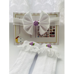 Lilac Flower on White Bow /White Sock with Embroidery Flower Set