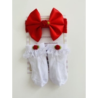 Red Bow /White Sock with Embroidery Flower Set