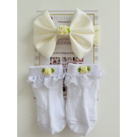 Cream Bow /White Sock with Embroidery Flower Set