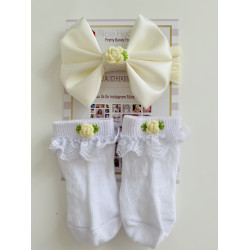 Cream Bow /White Sock with Embroidery Flower Set