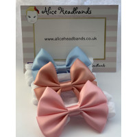 SET OF 3 SATIN BOW  3 INCHES PINK PEACH BLUE ON WHITE NYLON BAND